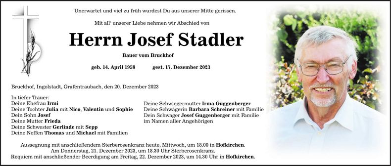 Traueranzeige Josef Stadler