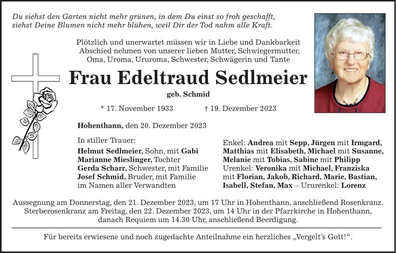 Traueranzeige Edeltraud Sedlmeier