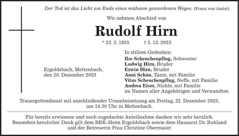 Traueranzeige Rudolf Hirn