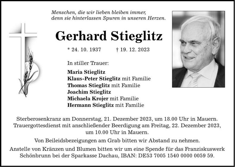 Traueranzeige Gerhard Stieglitz