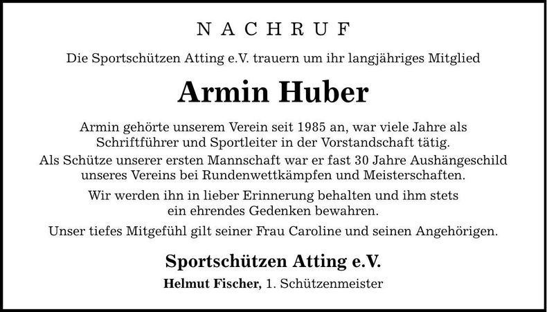 Traueranzeige Armin Huber