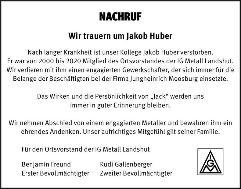 Traueranzeige Jakob Huber