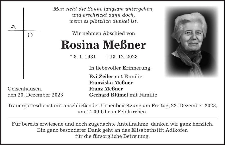 Traueranzeige Rosina Meßner