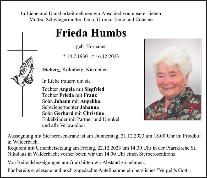 Traueranzeige Frieda Humbs