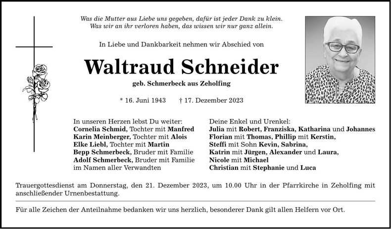 Traueranzeige Waltraud Schneider