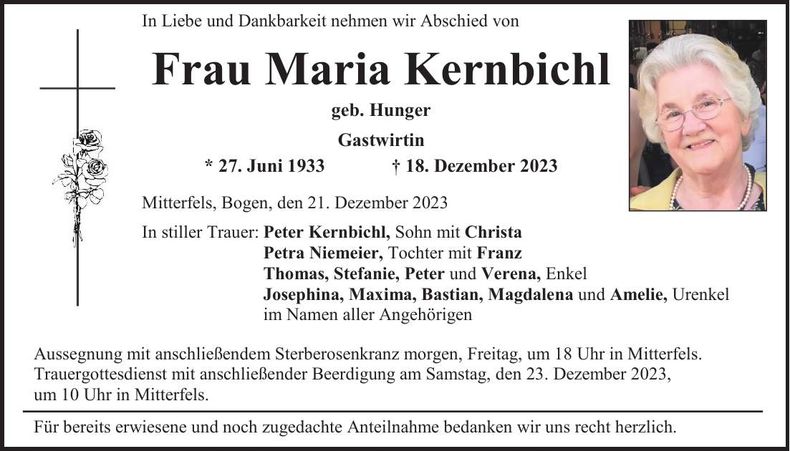 Traueranzeige Maria Kernbichl