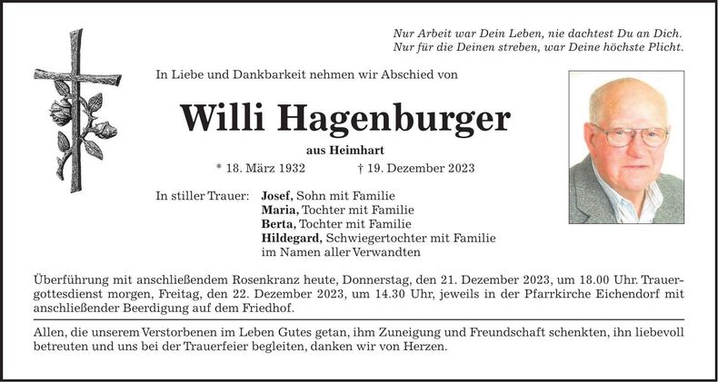 Traueranzeige Willi Hagenburger