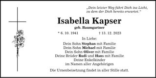 Traueranzeige Isabella Kapser