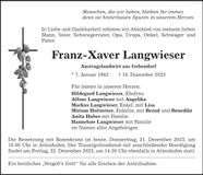 Traueranzeige Franz-Xaver Langwieser