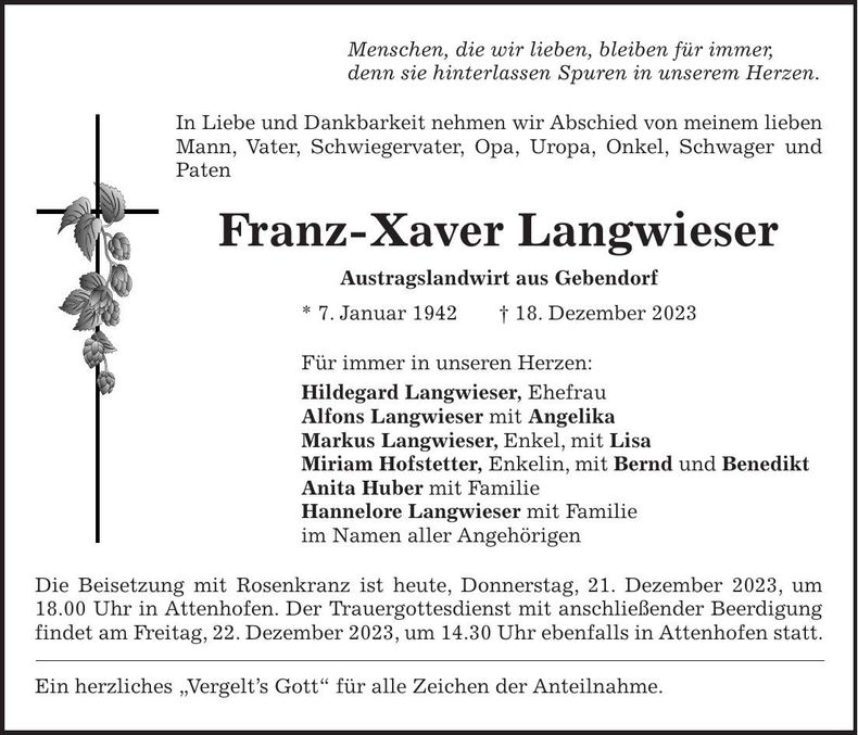 Traueranzeige Franz-Xaver Langwieser
