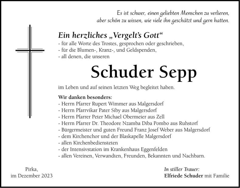 Traueranzeige Josef Schuder