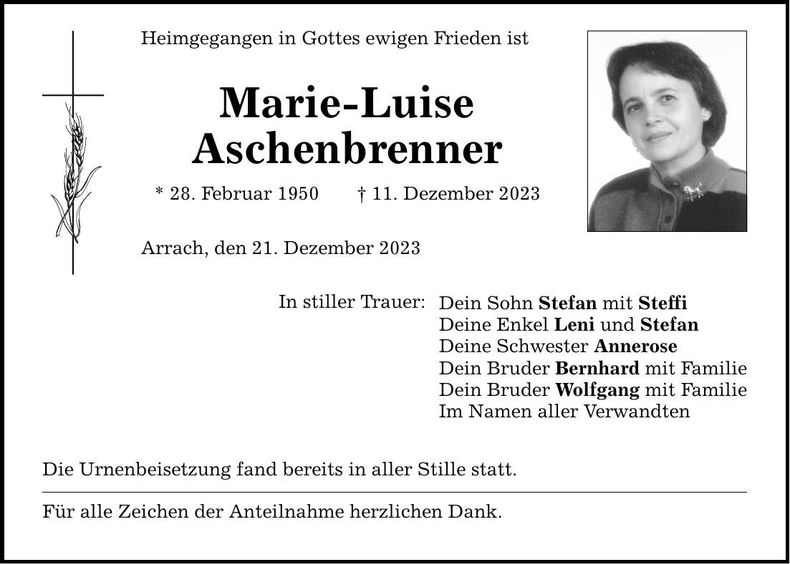 Traueranzeige Marie-Luise Aschenbrenner