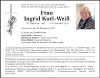 Traueranzeige Ingrid Karl- Weiß
