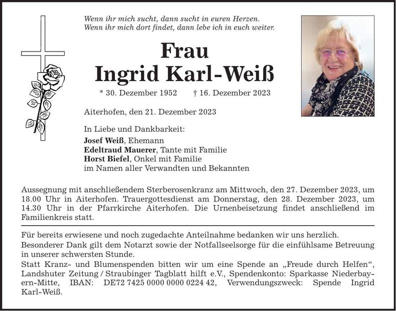 Traueranzeige Ingrid Karl- Weiß