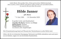 Traueranzeige Hilde Janner