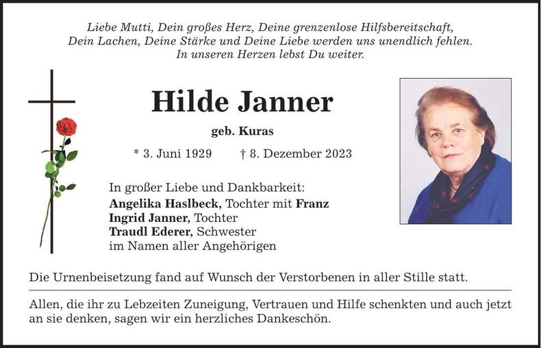 Traueranzeige Hilde Janner