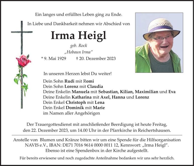 Traueranzeige Irma Heigl