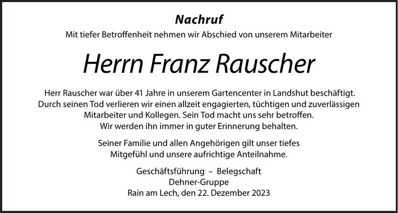 Traueranzeige Franz Rauscher