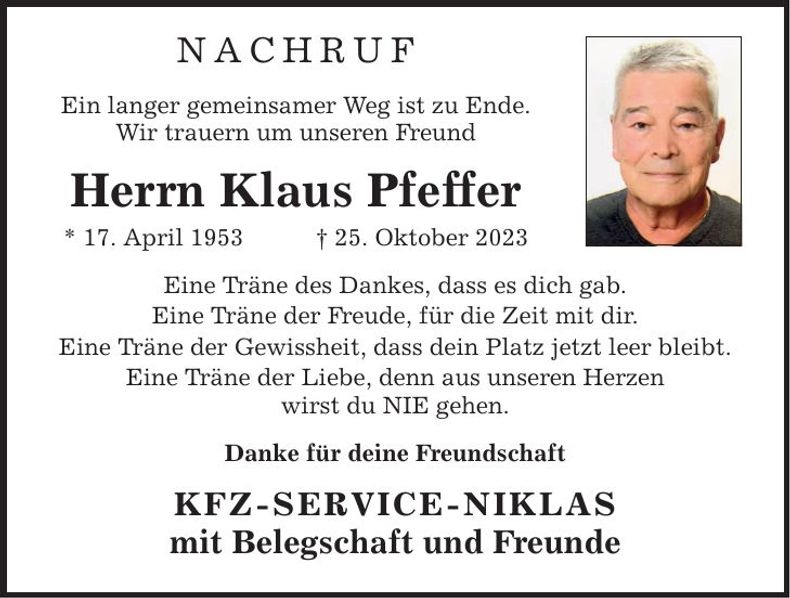Traueranzeige Klaus Pfeffer