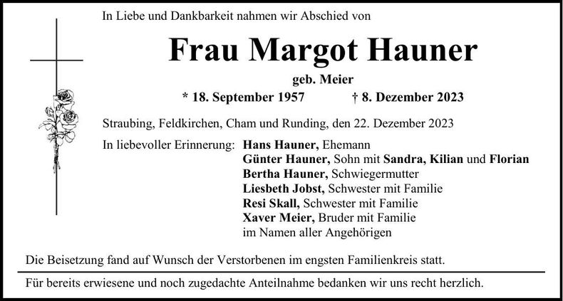 Traueranzeige Margot Hauner