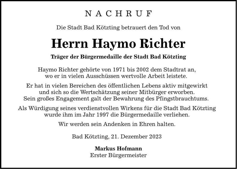 Traueranzeige Haymo Richter