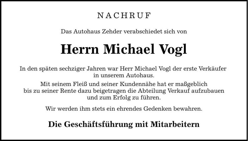 Traueranzeige Michael Vogl