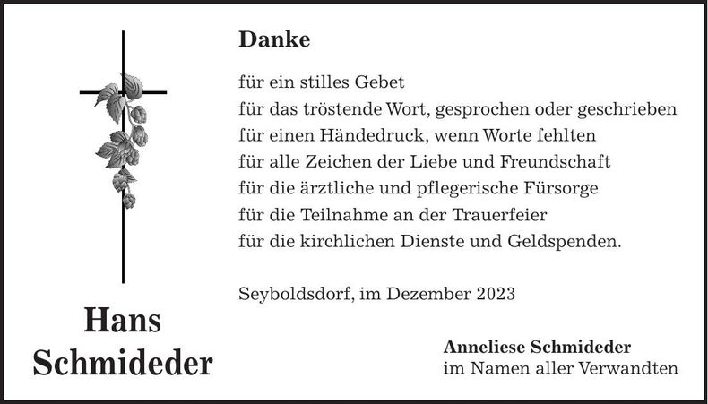 Traueranzeige Hans Schmideder