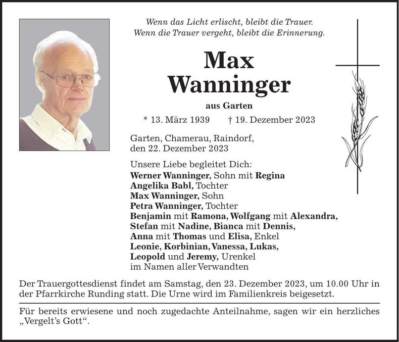 Traueranzeige Max Wanninger