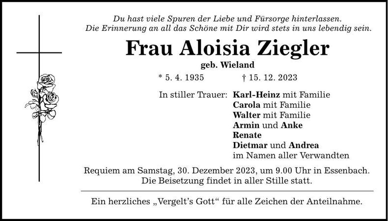 Traueranzeige Aloisia Ziegler
