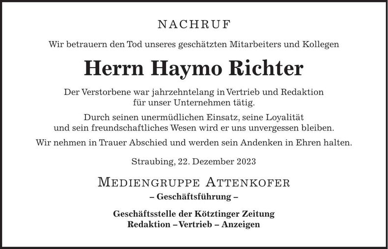 Traueranzeige Haymo Richter