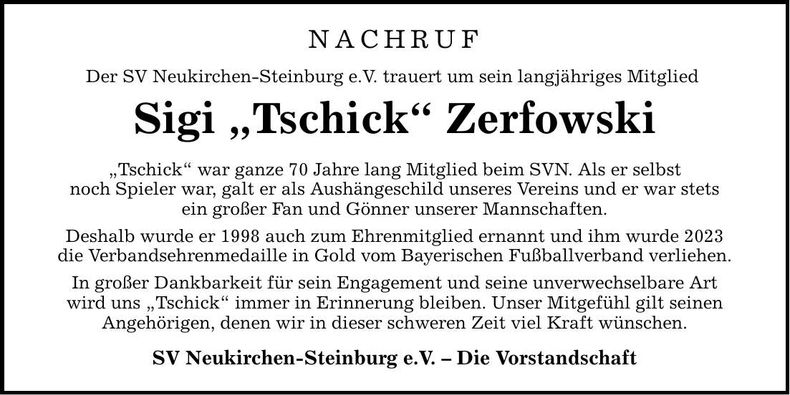 Traueranzeige Sigi Zerfowski