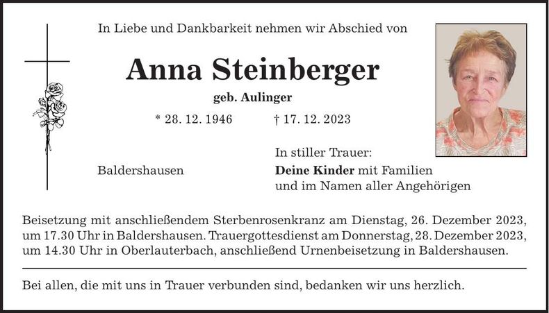 Traueranzeige Anna Steinberger