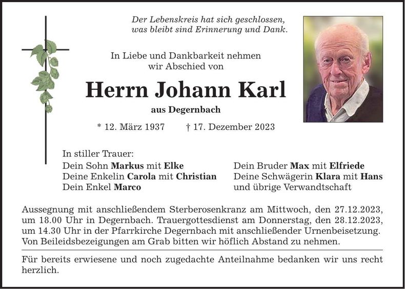 Traueranzeige Johann Karl