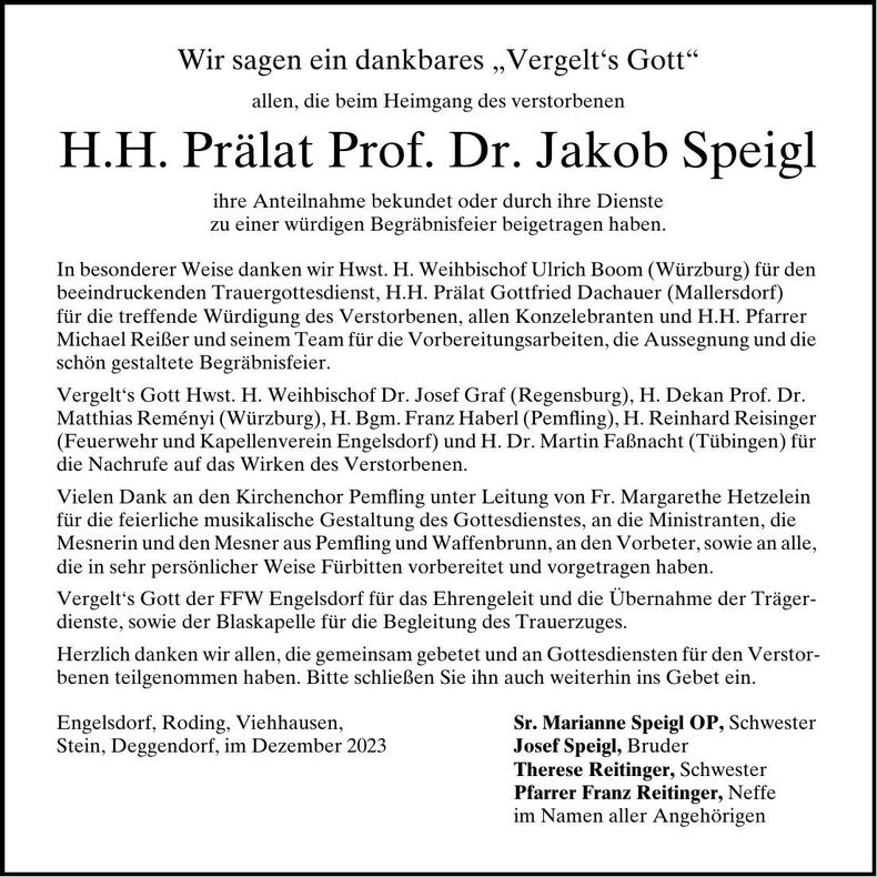 Traueranzeige Jakob Hochw. Herrn Prälaten Prof. Dr. Speigl