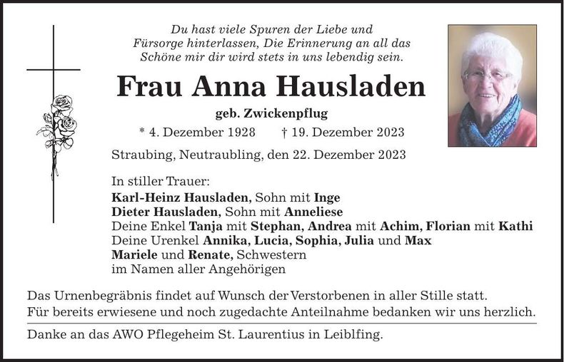 Traueranzeige Anna Hausladen