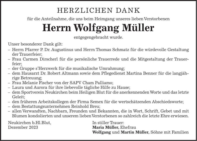 Traueranzeige Wolfgang Müller