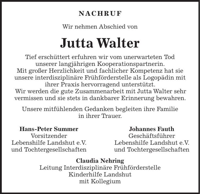 Traueranzeige Walter Jutta