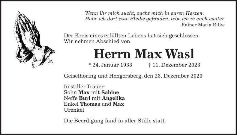 Traueranzeige Wasl Max