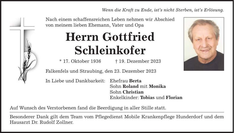 Traueranzeige Gottfried Schleinkofer