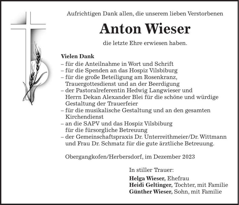 Traueranzeige Anton Wieser