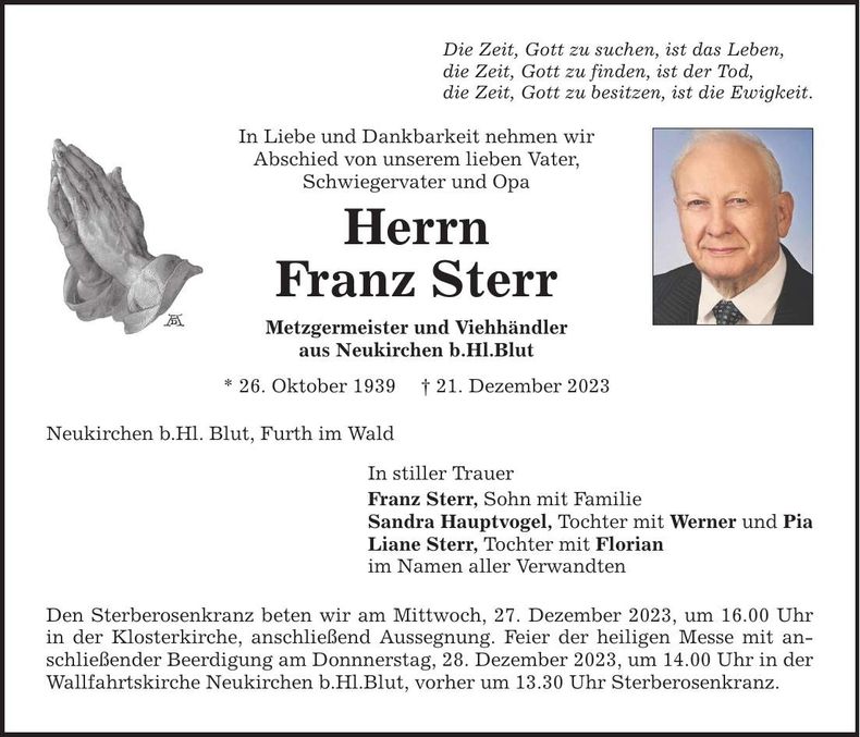 Traueranzeige Franz Sterr