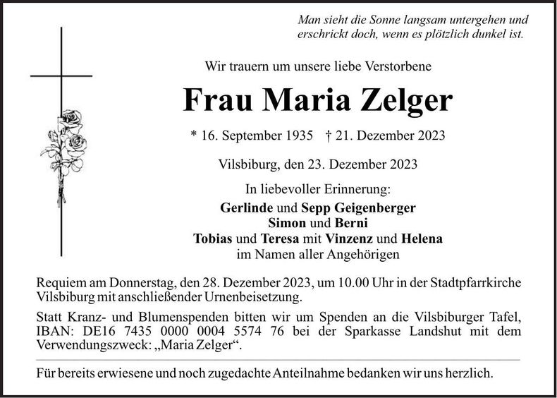 Traueranzeige Maria Zelger
