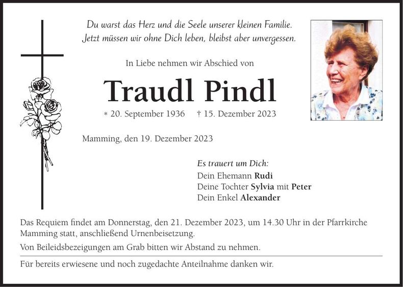 Traueranzeige Traudl Pindl