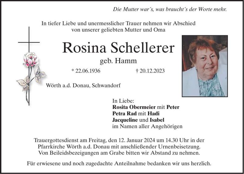 Traueranzeige Rosina Schellerer
