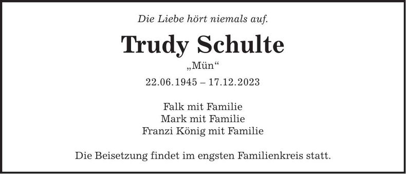 Traueranzeige Trudy Schulte