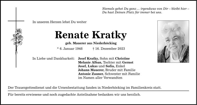 Traueranzeige Renate Kratky
