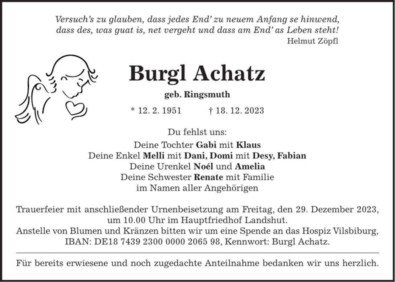 Traueranzeige Burgl Achatz