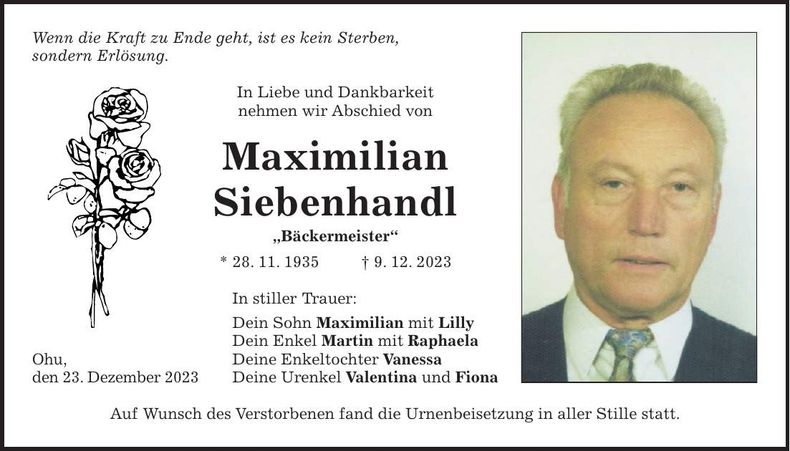 Traueranzeige Maximilian Siebenhandl