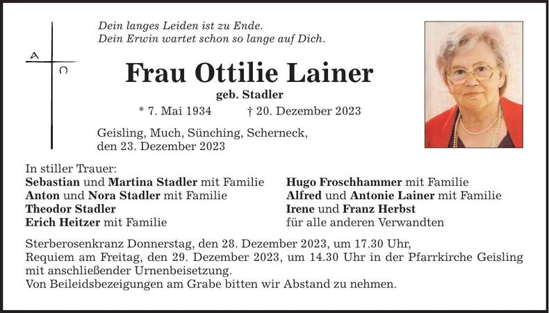 Traueranzeige Ottilie Lainer