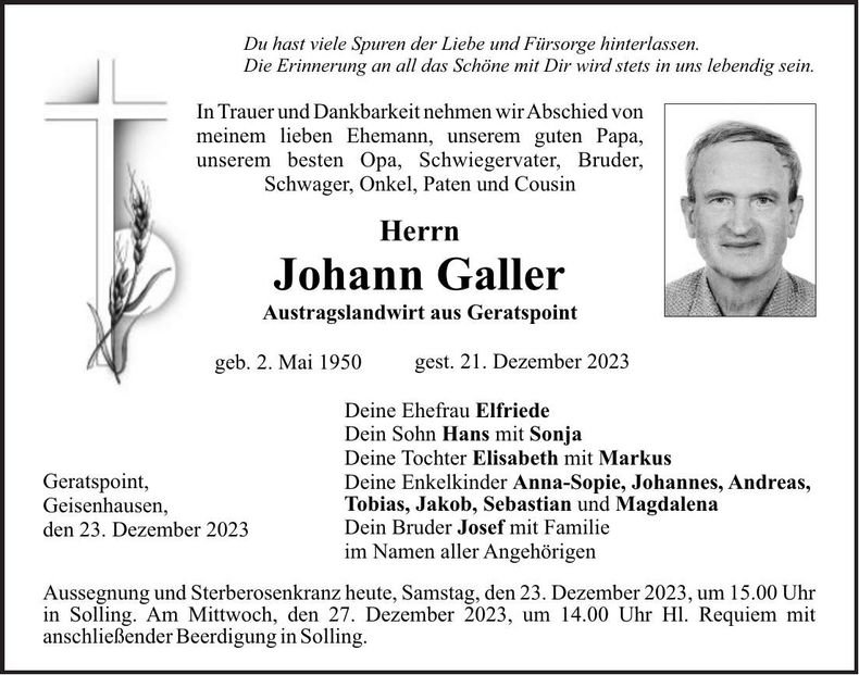 Traueranzeige Johann Galler